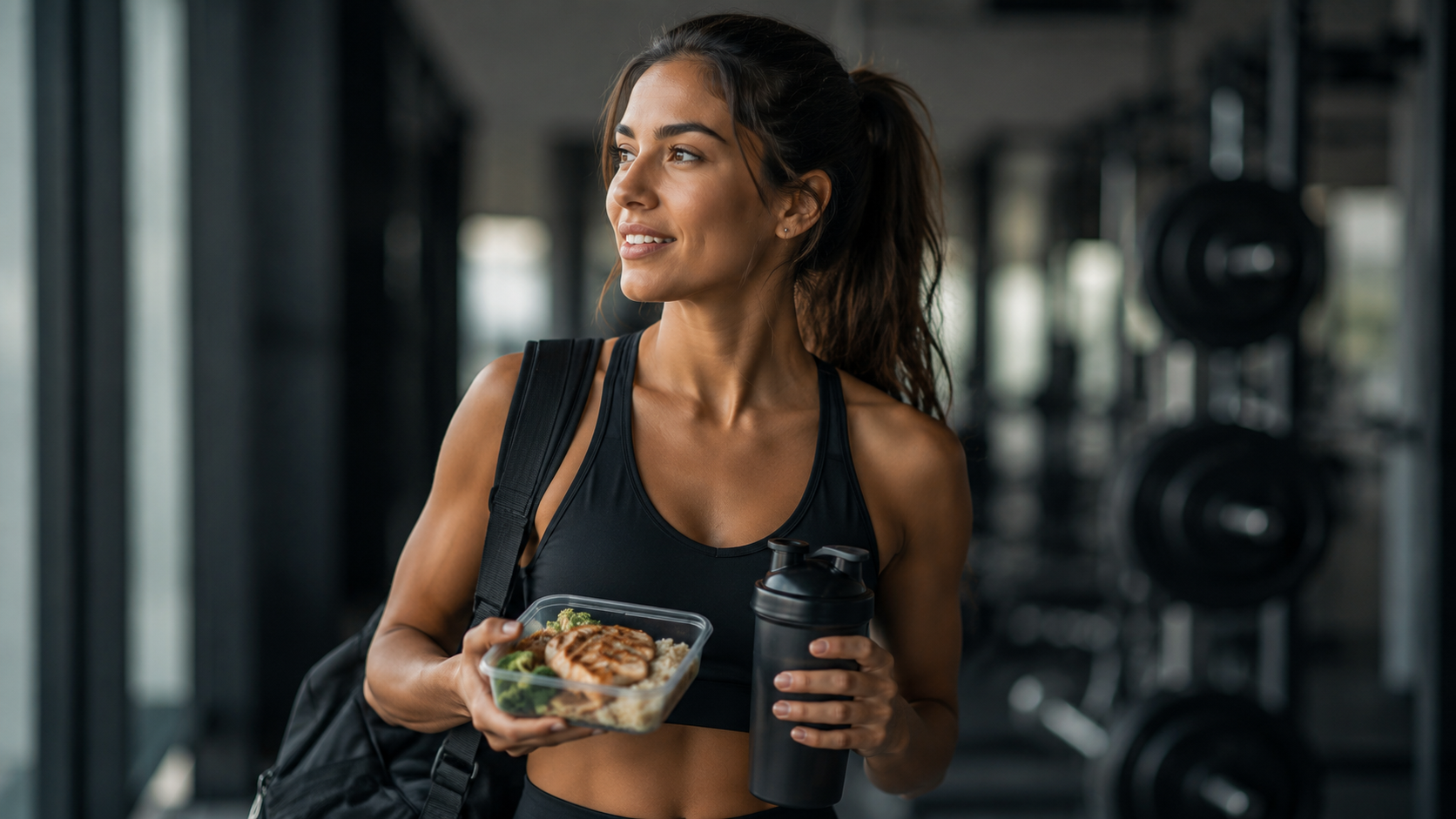 Mulher com refeição pós-treino na academia